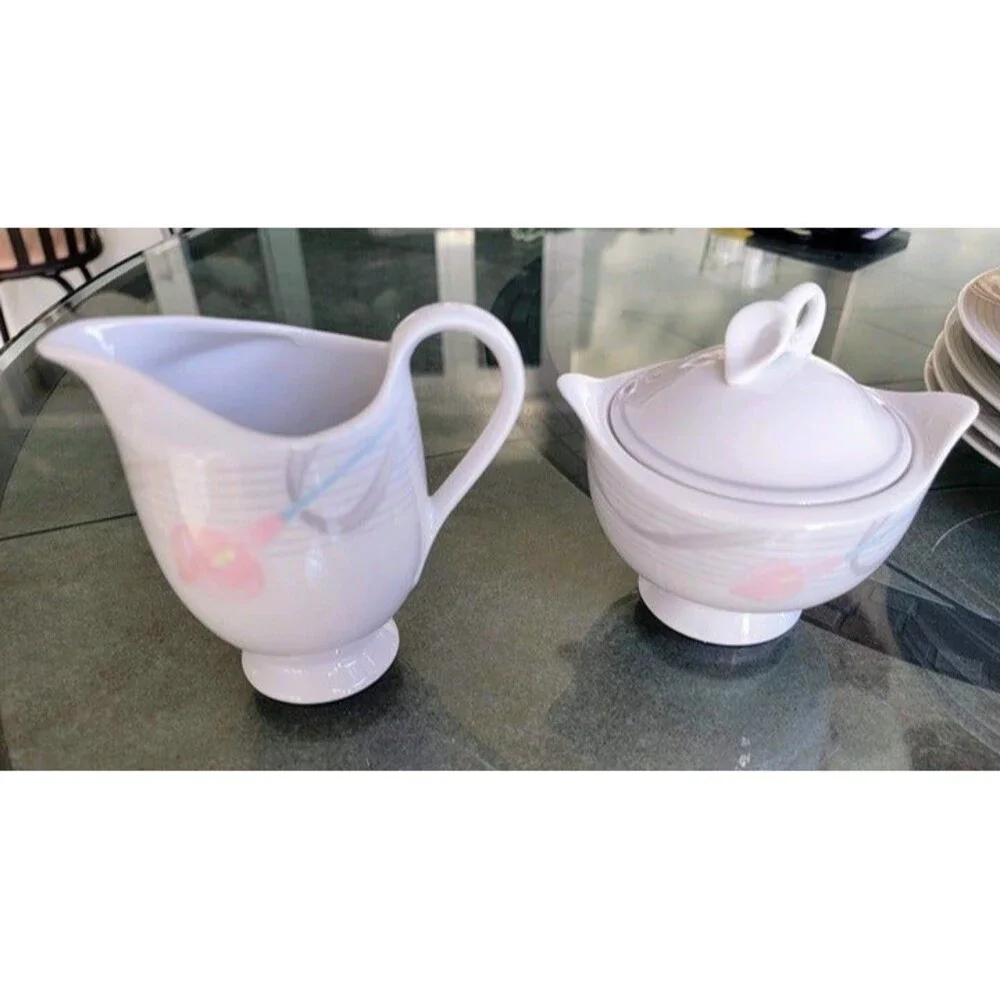 Vintage MIKASA Serenade Pink LDB10 Pedestal Creamer and Sugar Bowl with LID